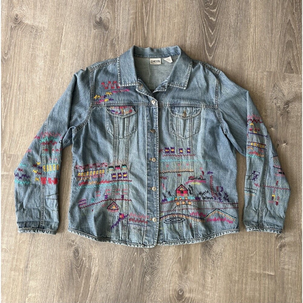 Vintage Chicos Jacket Women's Embroidered Denim Multicolor Chico's Sz 3 (XL/16) - Picture 2 of 8